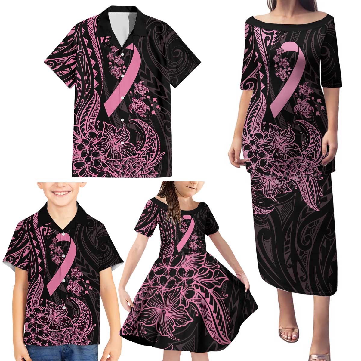 Polynesian Pink Power Family Matching Puletasi and Hawaiian Shirt Breast Cancer Ribbon Turtle and Flowers