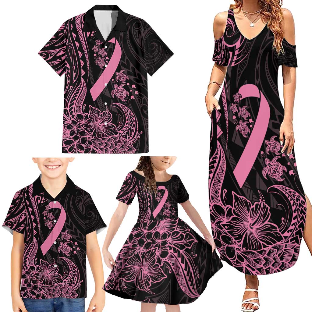 Polynesian Pink Power Family Matching Summer Maxi Dress and Hawaiian Shirt Breast Cancer Ribbon Turtle and Flowers