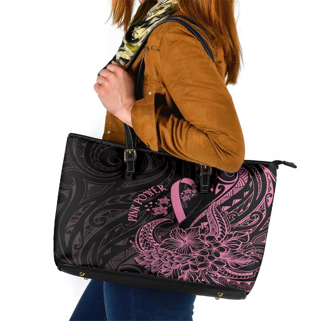 Polynesian Pink Power Leather Tote Bag Breast Cancer Ribbon Turtle and Flowers LT7 Pink - Polynesian Pride