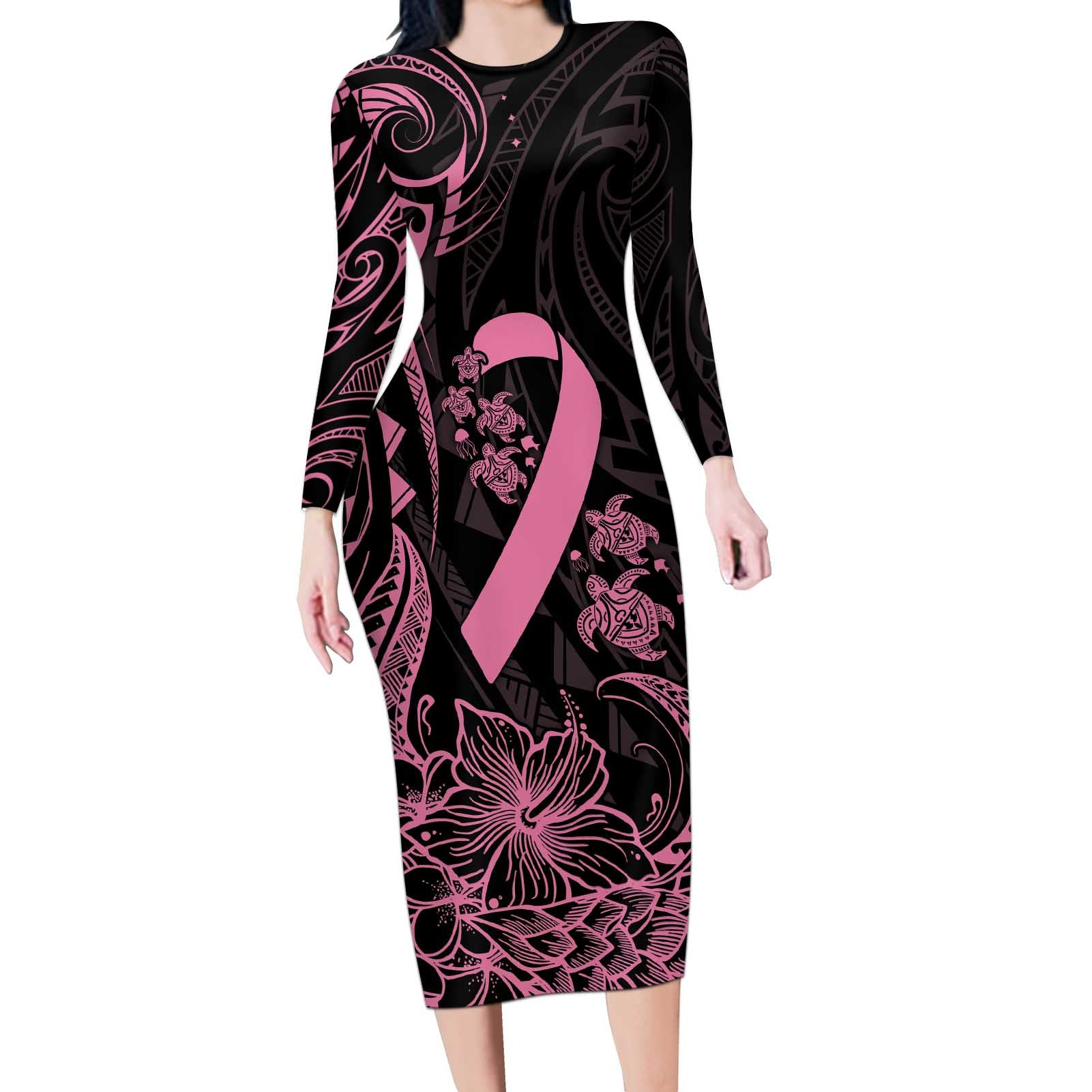 Polynesian Pink Power Long Sleeve Bodycon Dress Breast Cancer Ribbon Turtle and Flowers