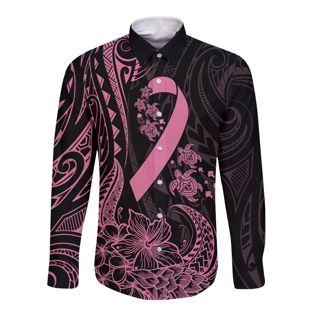 Polynesian Pink Power Long Sleeve Button Shirt Breast Cancer Ribbon Turtle and Flowers