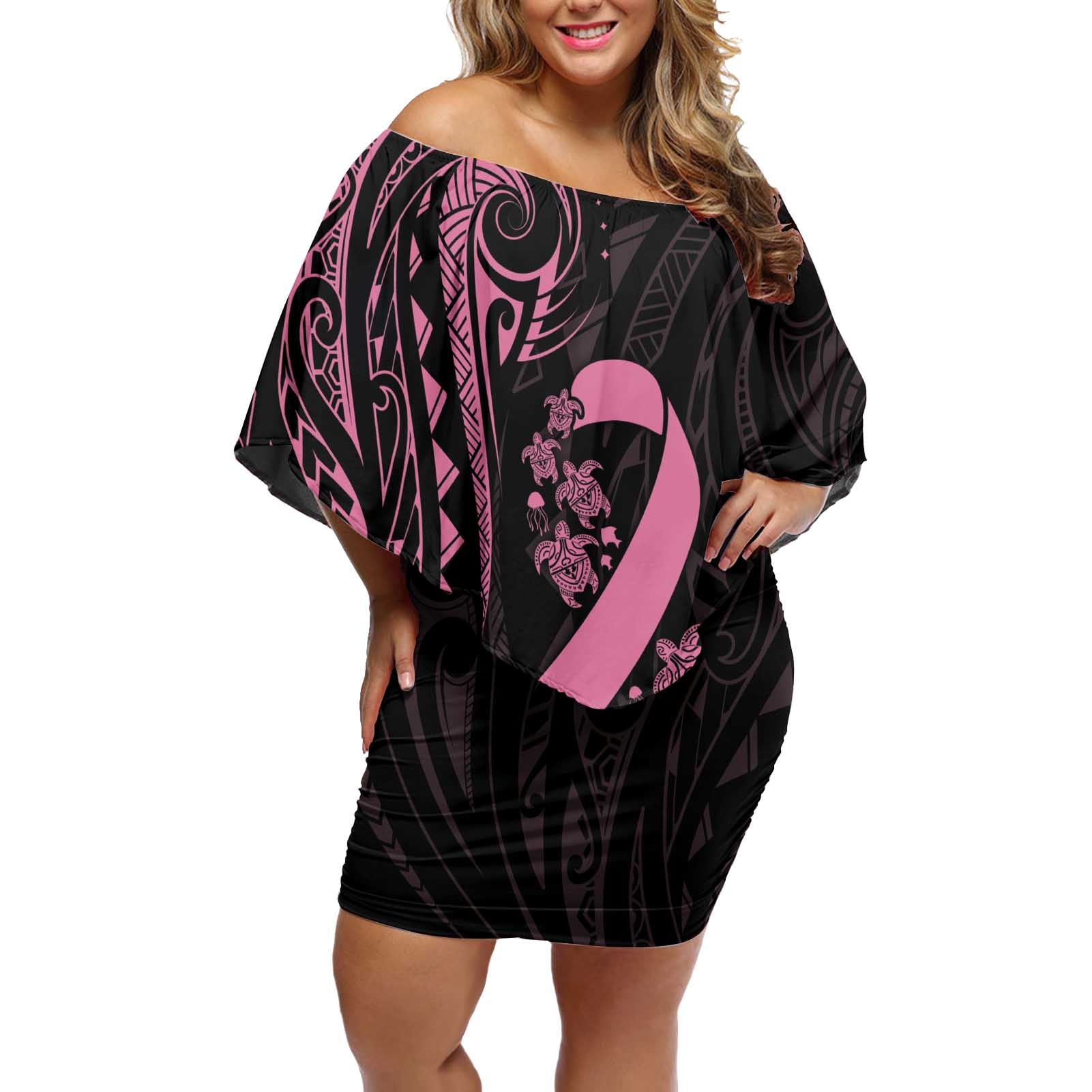 Polynesian Pink Power Off Shoulder Short Dress Breast Cancer Ribbon Turtle and Flowers