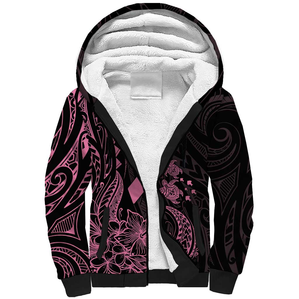 Polynesian Pink Power Sherpa Hoodie Breast Cancer Ribbon Turtle and Flowers