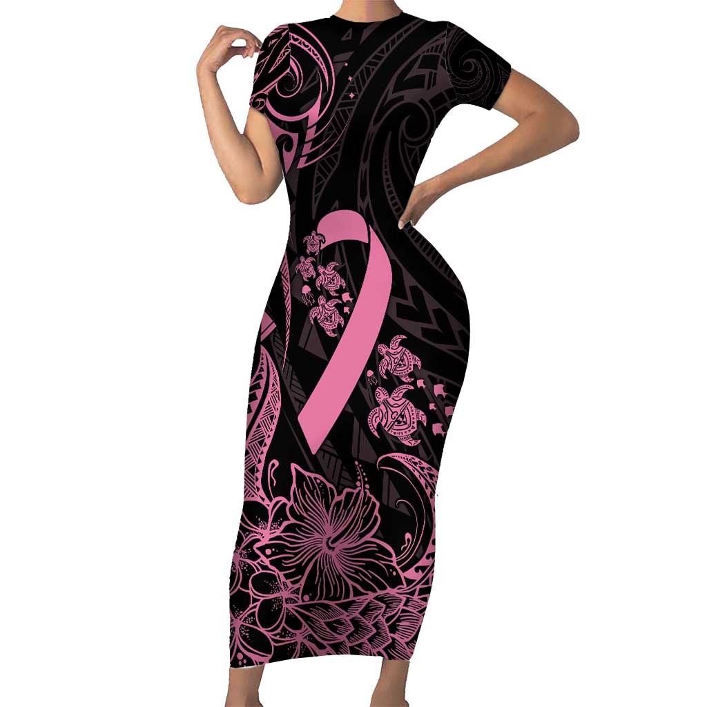 Polynesian Pink Power Short Sleeve Bodycon Dress Breast Cancer Ribbon Turtle and Flowers