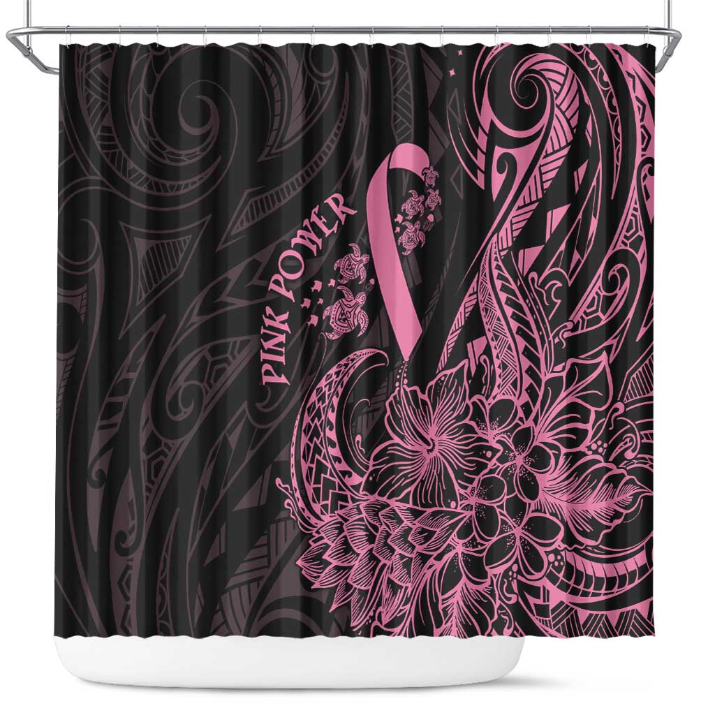 Polynesian Pink Power Shower Curtain Breast Cancer Ribbon Turtle and Flowers