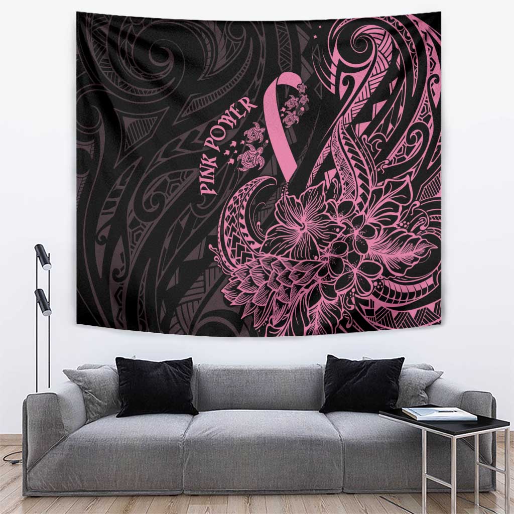 Polynesian Pink Power Tapestry Breast Cancer Ribbon Turtle and Flowers