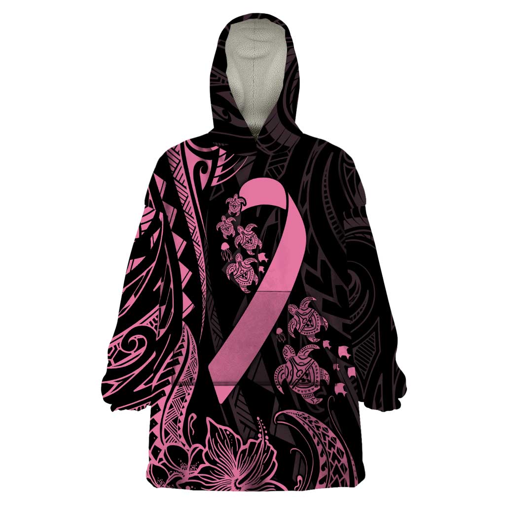 Polynesian Pink Power Wearable Blanket Hoodie Breast Cancer Ribbon Turtle and Flowers