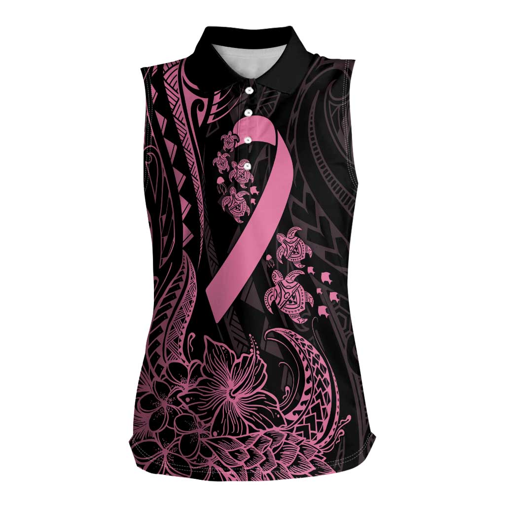 Polynesian Pink Power Women Sleeveless Polo Shirt Breast Cancer Ribbon Turtle and Flowers