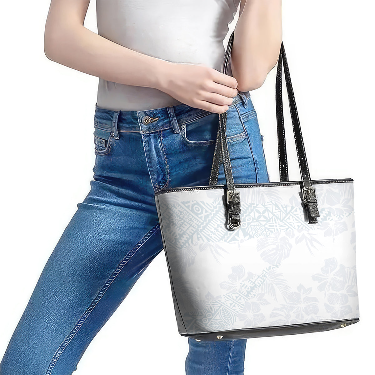 Samoa White Sunday Leather Tote Bag Hibiscus Special LT7 - Polynesian Pride