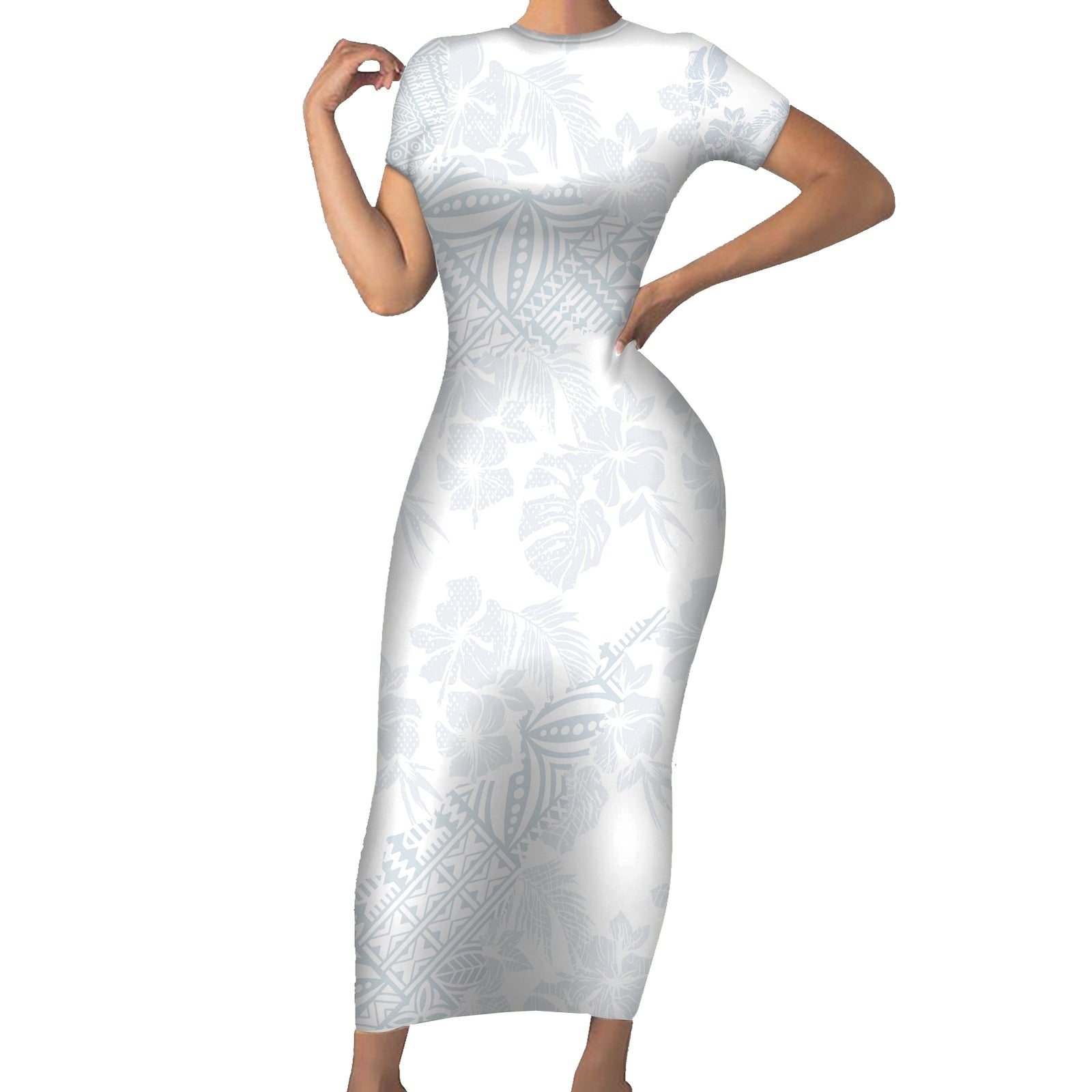 Samoa White Sunday Short Sleeve Bodycon Dress Hibiscus Special LT7 Long Dress White - Polynesian Pride