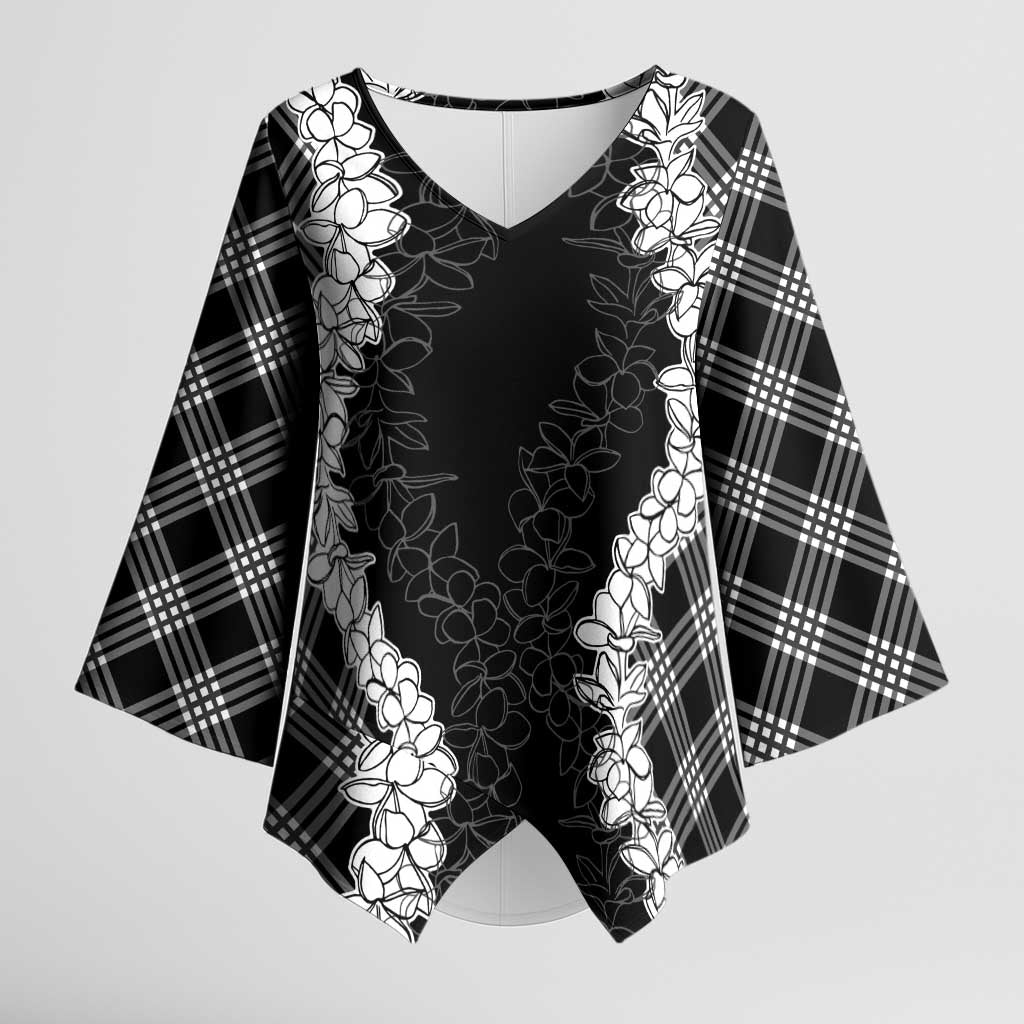 Hawaii Aloha Plumeria Lei Black Palaka Kimono Sleeve Blouse LT7 Female Black - Polynesian Pride