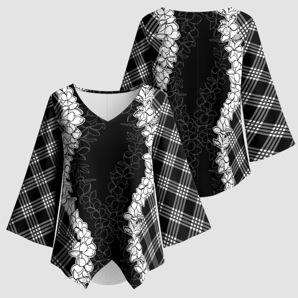 Hawaii Aloha Plumeria Lei Black Palaka Kimono Sleeve Blouse LT7 - Polynesian Pride