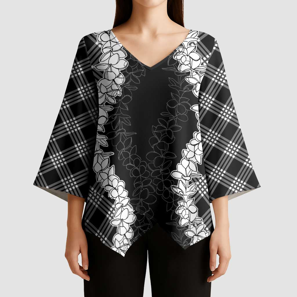 Hawaii Aloha Plumeria Lei Black Palaka Kimono Sleeve Blouse LT7 - Polynesian Pride