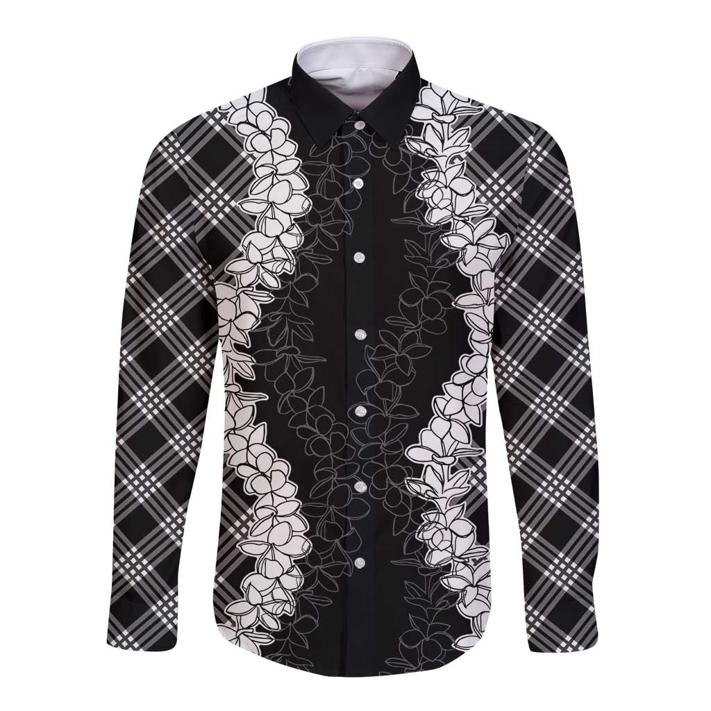 Hawaii Aloha Plumeria Lei Black Palaka Long Sleeve Button Shirt LT7 Unisex Black - Polynesian Pride