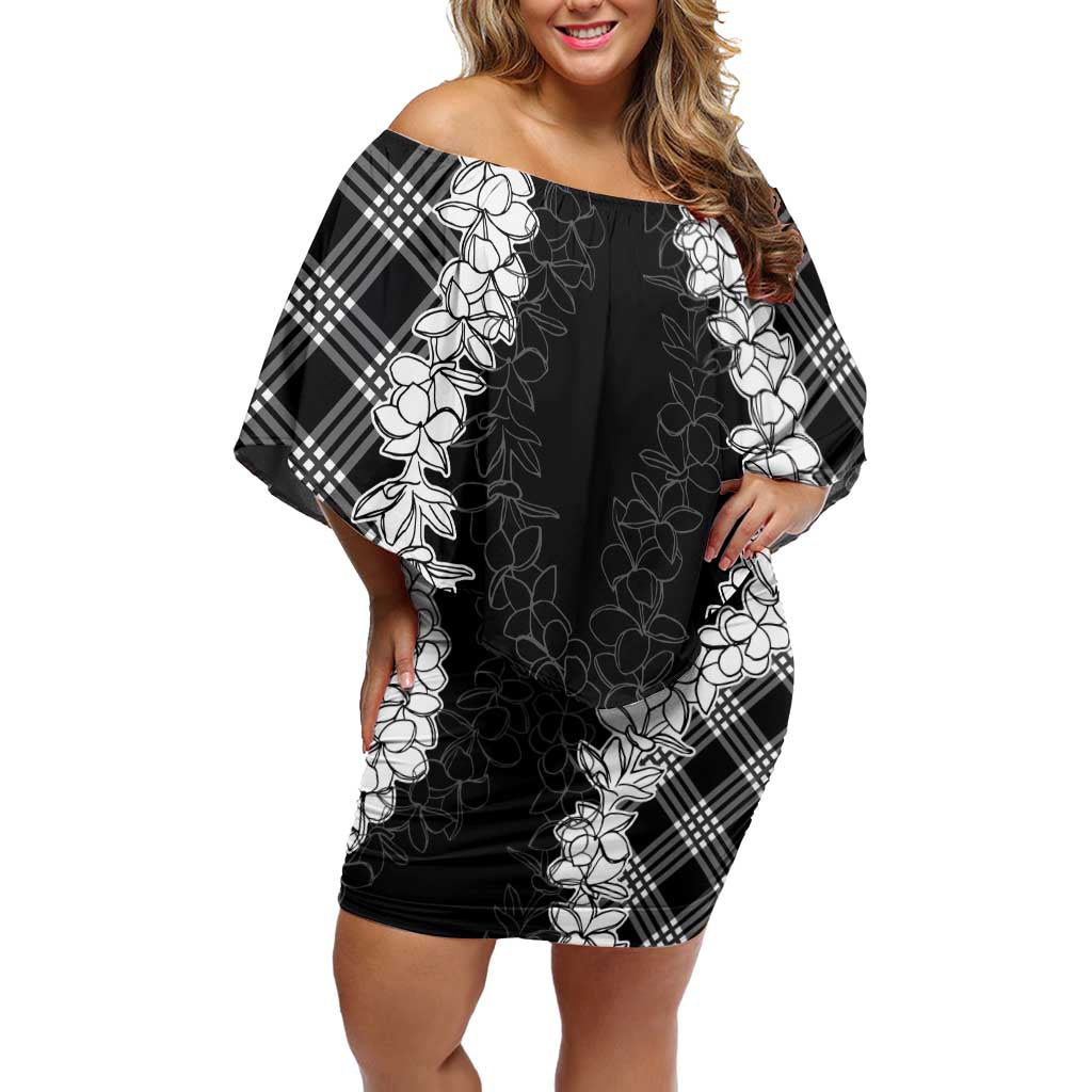 Hawaii Aloha Plumeria Lei Black Palaka Off Shoulder Short Dress LT7 Women Black - Polynesian Pride