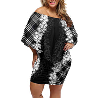 Hawaii Aloha Plumeria Lei Black Palaka Off Shoulder Short Dress LT7 Women Black - Polynesian Pride