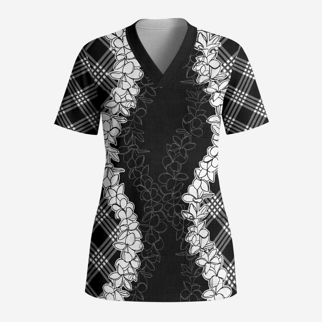 Hawaii Aloha Plumeria Lei Black Palaka Scrub Top LT7 Adult Black - Polynesian Pride