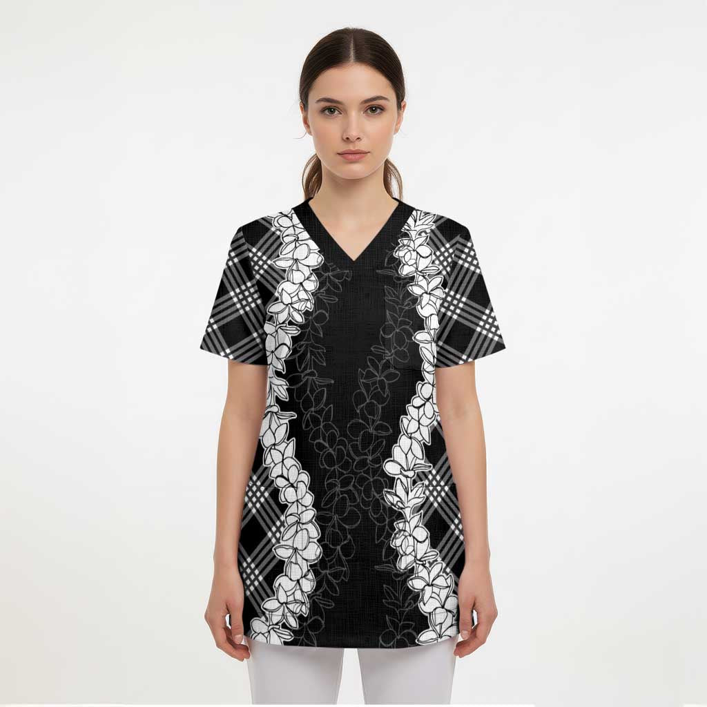 Hawaii Aloha Plumeria Lei Black Palaka Scrub Top LT7 - Polynesian Pride