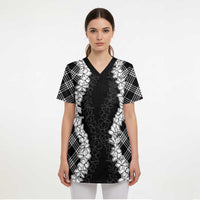 Hawaii Aloha Plumeria Lei Black Palaka Scrub Top LT7 - Polynesian Pride