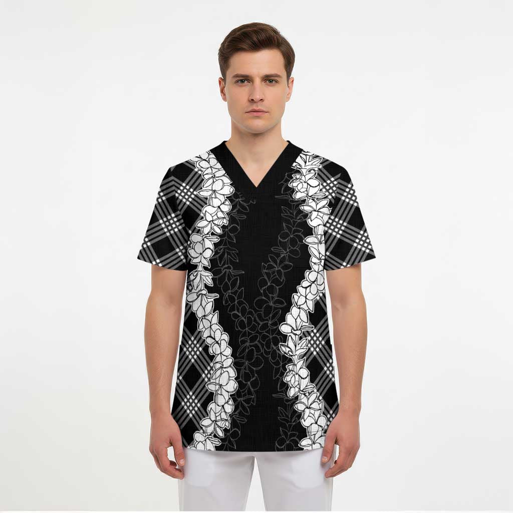 Hawaii Aloha Plumeria Lei Black Palaka Scrub Top LT7 - Polynesian Pride