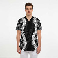 Hawaii Aloha Plumeria Lei Black Palaka Scrub Top LT7 - Polynesian Pride