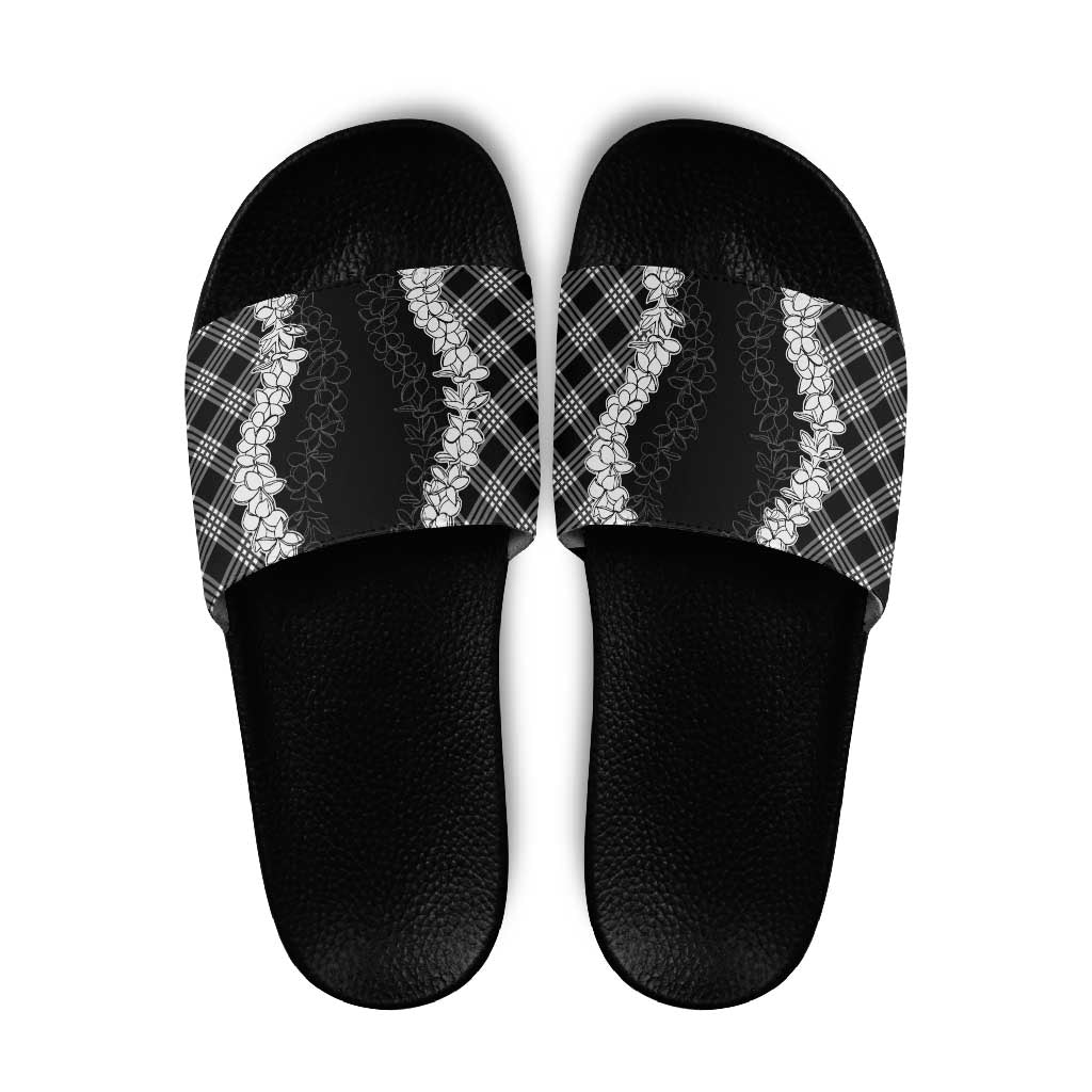 Hawaii Aloha Plumeria Lei Black Palaka Slide Sandals LT7 Black - Polynesian Pride