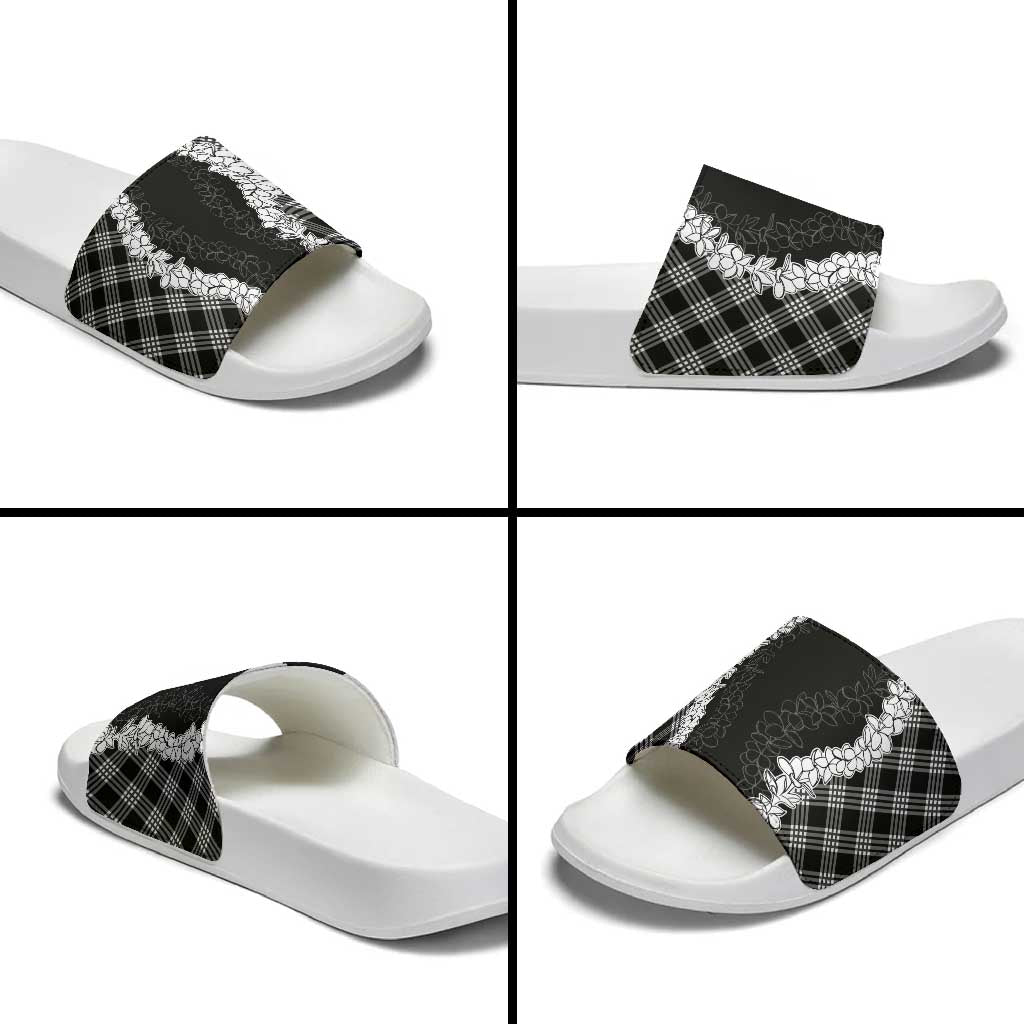 Hawaii Aloha Plumeria Lei Black Palaka Slide Sandals LT7 - Polynesian Pride