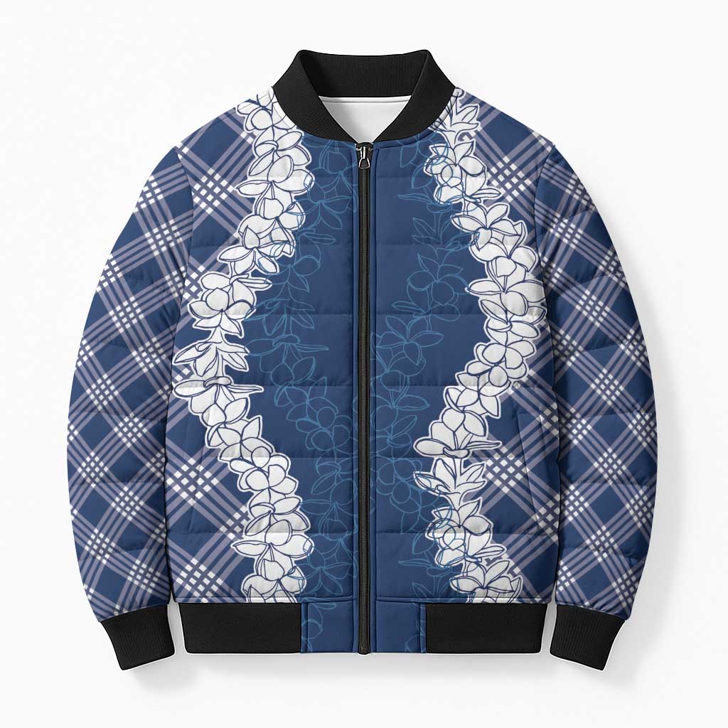 Hawaii Aloha Plumeria Lei Navy Palaka Bomber Puffer Jacket LT7 Unisex Navy Blue - Polynesian Pride