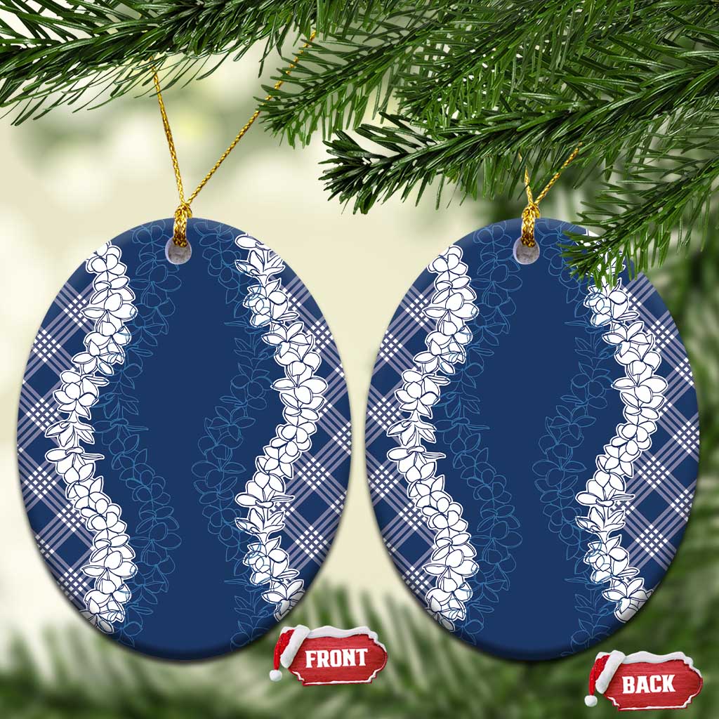 Hawaii Aloha Plumeria Lei Navy Palaka Ceramic Ornament LT7 Oval Navy Blue - Polynesian Pride