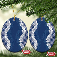 Hawaii Aloha Plumeria Lei Navy Palaka Ceramic Ornament LT7 Oval Navy Blue - Polynesian Pride