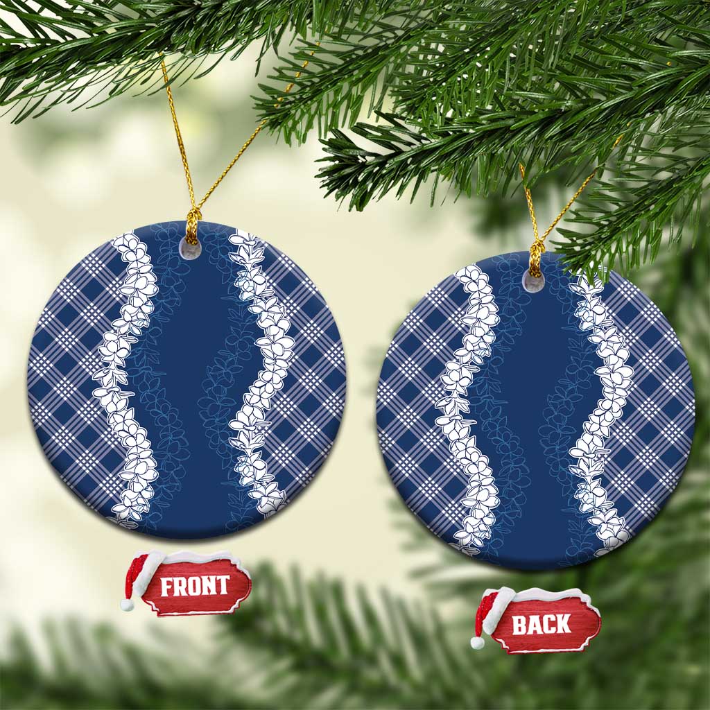 Hawaii Aloha Plumeria Lei Navy Palaka Ceramic Ornament LT7 Circle Navy Blue - Polynesian Pride