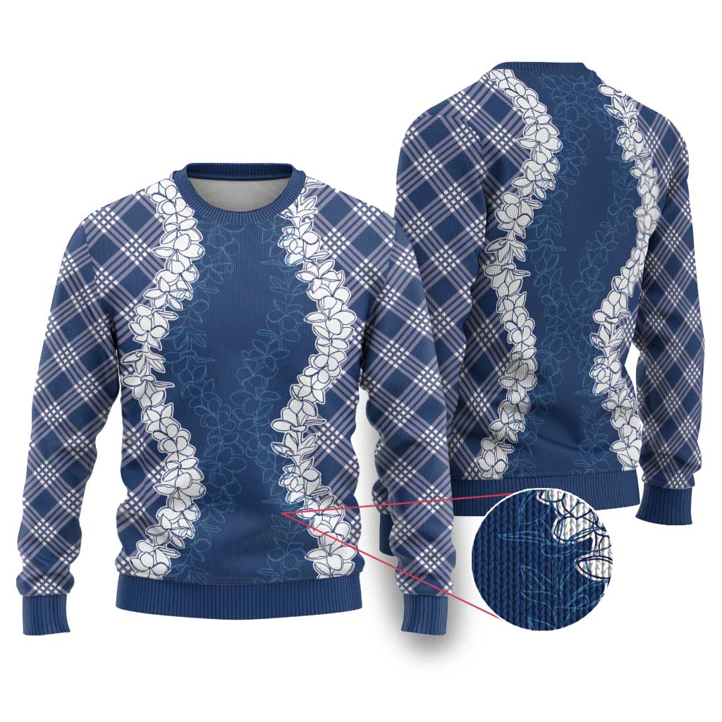 Hawaii Aloha Plumeria Lei Navy Palaka Ugly Christmas Sweater LT7 Navy Blue - Polynesian Pride