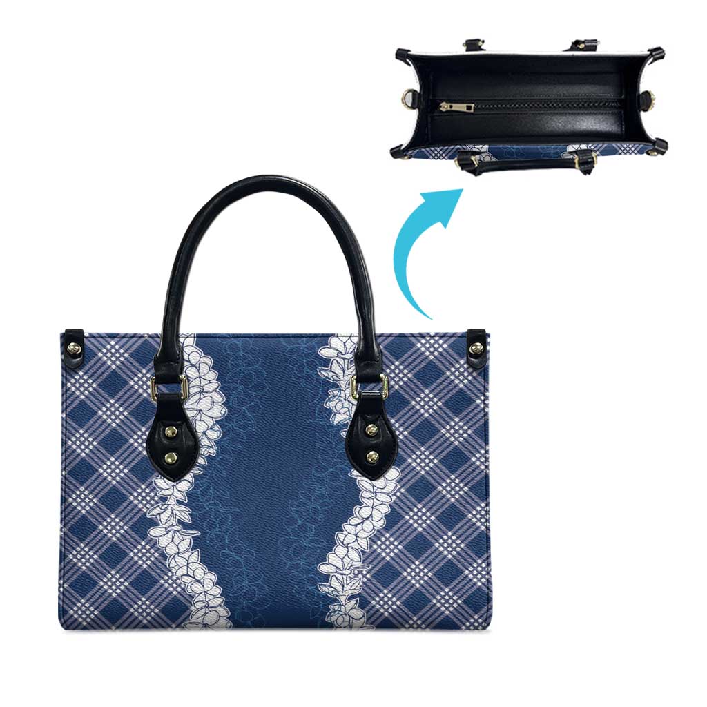 Hawaii Aloha Plumeria Lei Navy Palaka Leather Bag LT7 - Polynesian Pride