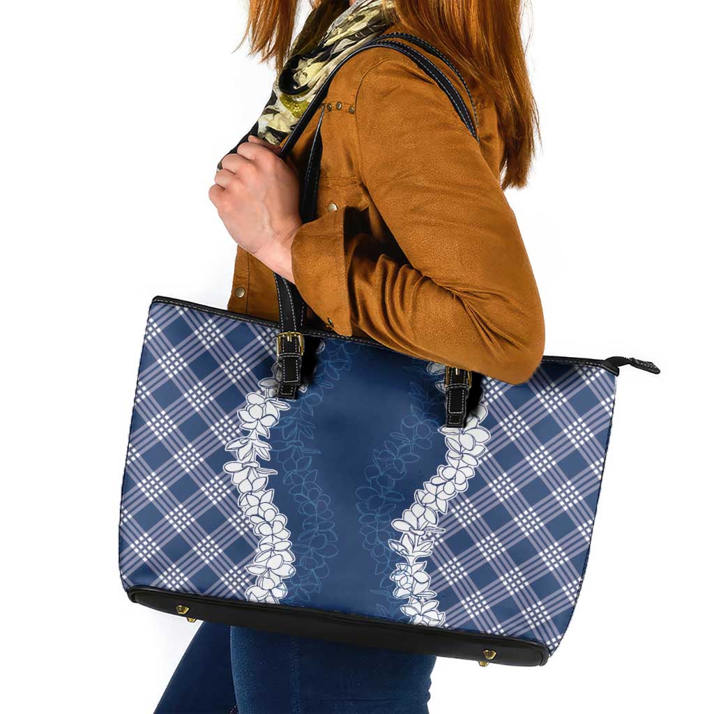 Hawaii Aloha Plumeria Lei Navy Palaka Leather Tote Bag LT7 Navy Blue - Polynesian Pride
