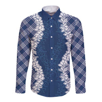 Hawaii Aloha Plumeria Lei Navy Palaka Long Sleeve Button Shirt LT7 Unisex Navy Blue - Polynesian Pride