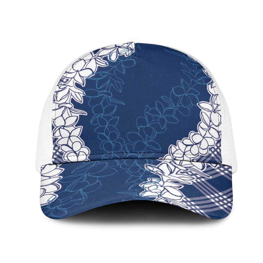 Hawaii Aloha Plumeria Lei Navy Palaka Mesh Trucker Cap LT7 One Size White Navy Blue - Polynesian Pride