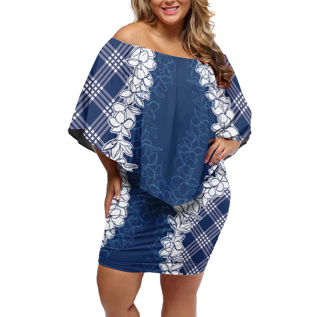 Hawaii Aloha Plumeria Lei Navy Palaka Off Shoulder Short Dress LT7 Women Navy Blue - Polynesian Pride