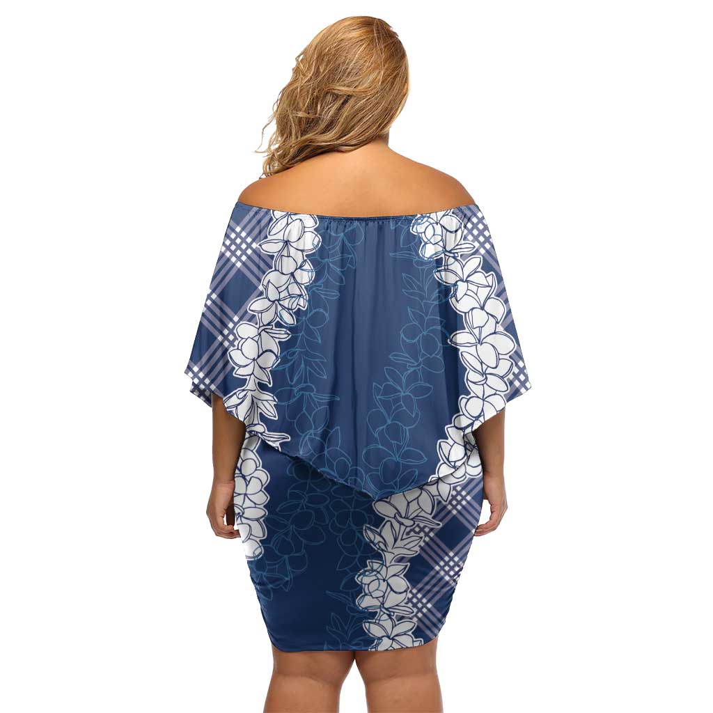 Hawaii Aloha Plumeria Lei Navy Palaka Off Shoulder Short Dress LT7 - Polynesian Pride