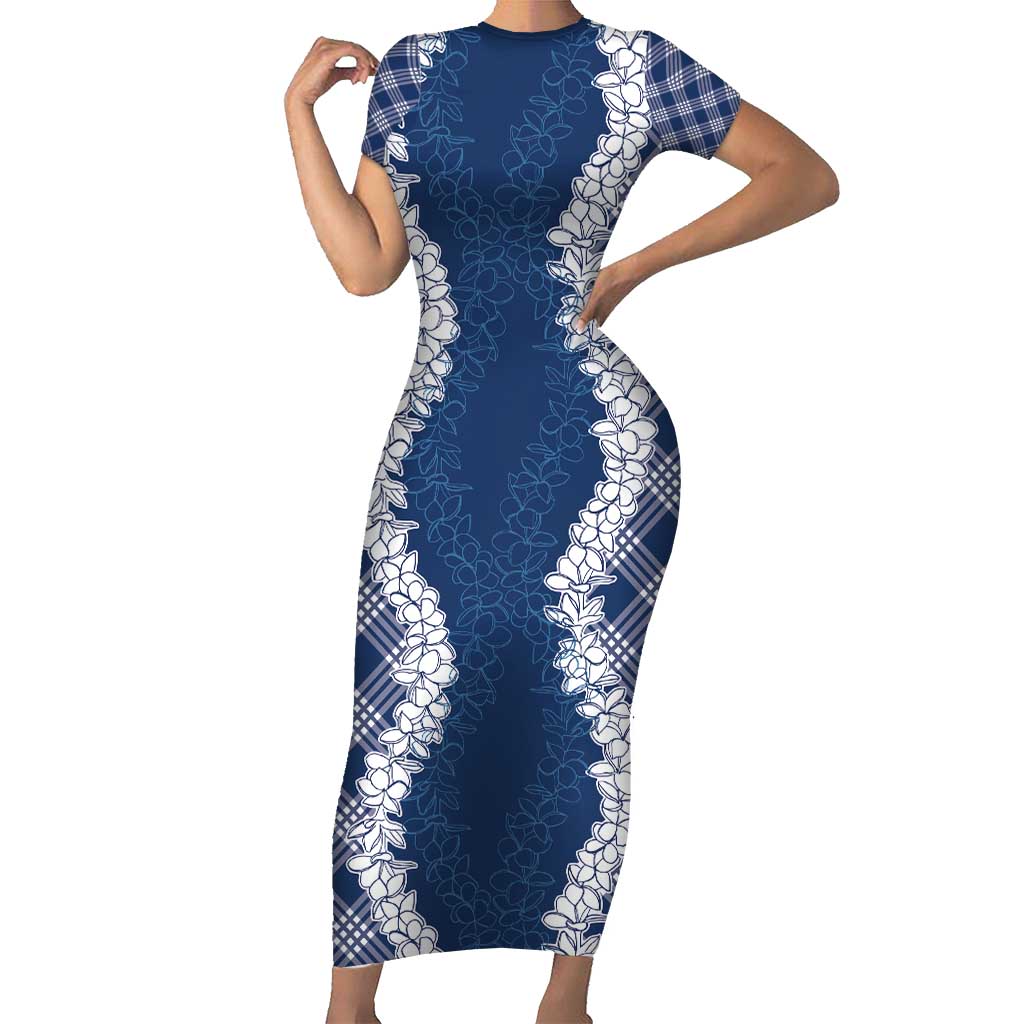 Hawaii Aloha Plumeria Lei Navy Palaka Short Sleeve Bodycon Dress LT7 Long Dress Navy Blue - Polynesian Pride