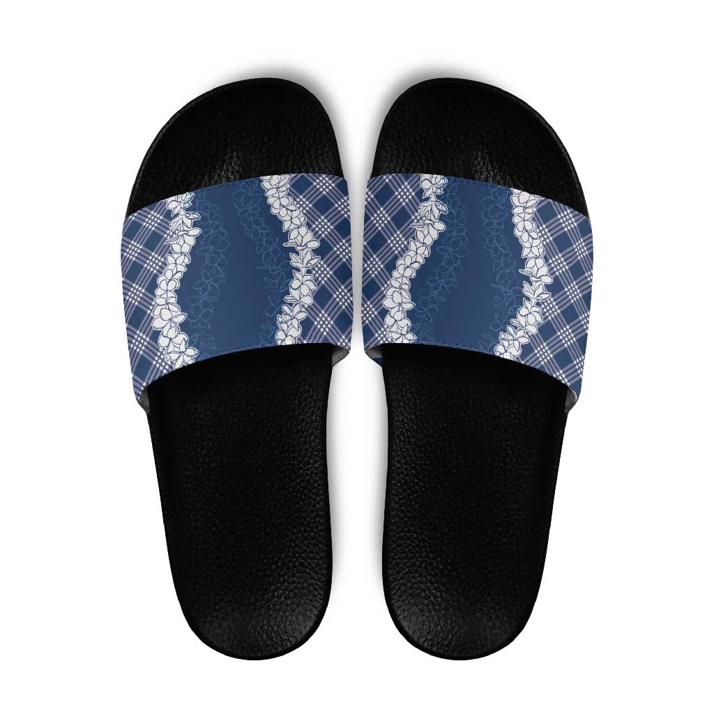 Hawaii Aloha Plumeria Lei Navy Palaka Slide Sandals LT7 Navy Blue - Polynesian Pride