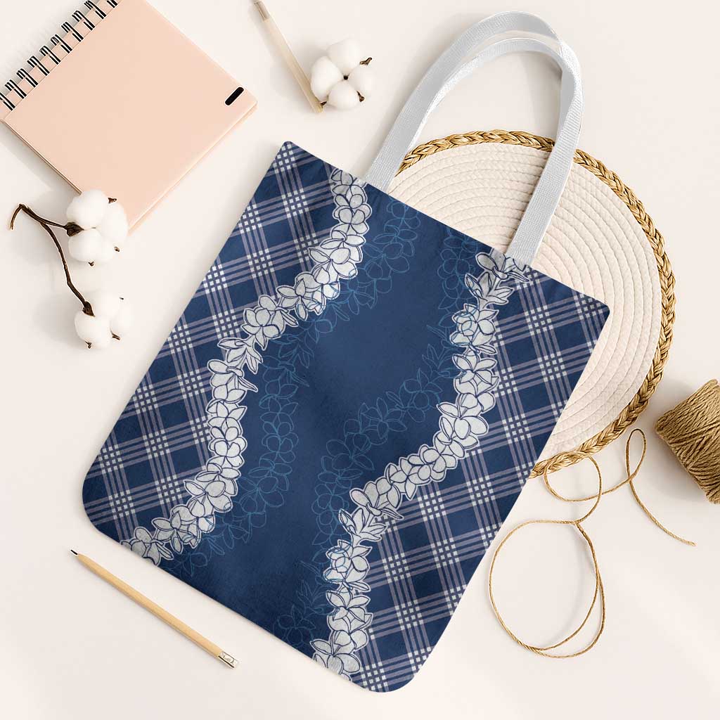 Hawaii Aloha Plumeria Lei Navy Palaka Tote Bag LT7 White Strap One Size Navy Blue - Polynesian Pride