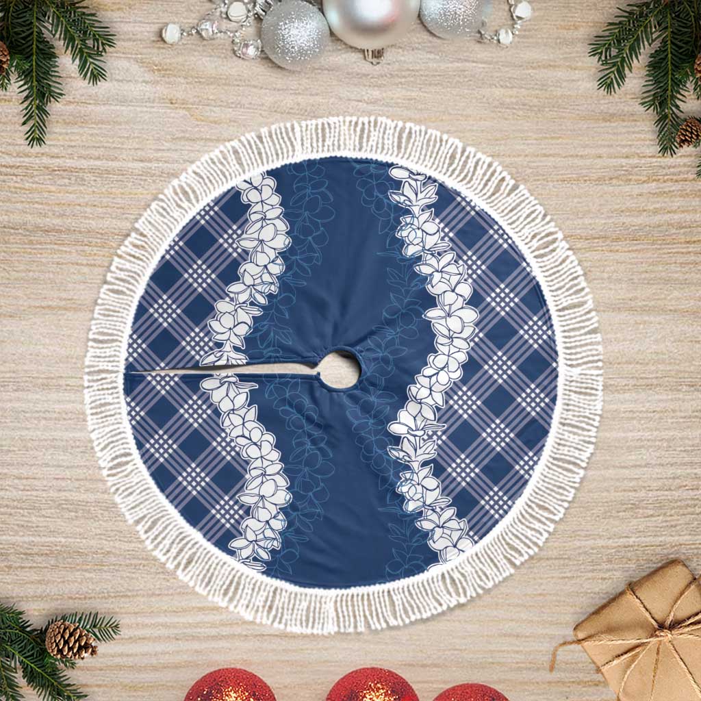Hawaii Aloha Plumeria Lei Navy Palaka Tree Skirt LT7 Fringed Navy Blue - Polynesian Pride