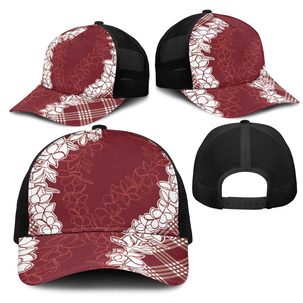 Hawaii Aloha Plumeria Lei Scarlet Palaka Mesh Trucker Cap LT7 - Polynesian Pride