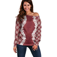 Hawaii Aloha Plumeria Lei Scarlet Palaka Off Shoulder Sweater LT7 Women Scarlet - Polynesian Pride