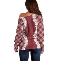 Hawaii Aloha Plumeria Lei Scarlet Palaka Off Shoulder Sweater LT7 - Polynesian Pride