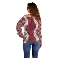 Hawaii Aloha Plumeria Lei Scarlet Palaka Off Shoulder Sweater LT7 - Polynesian Pride