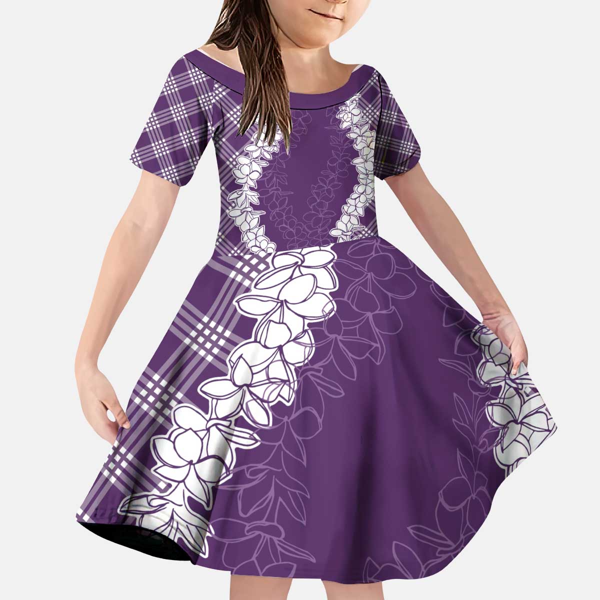 Hawaii Aloha Plumeria Lei Violet Palaka Kid Short Sleeve Dress LT7 KID Violet - Polynesian Pride