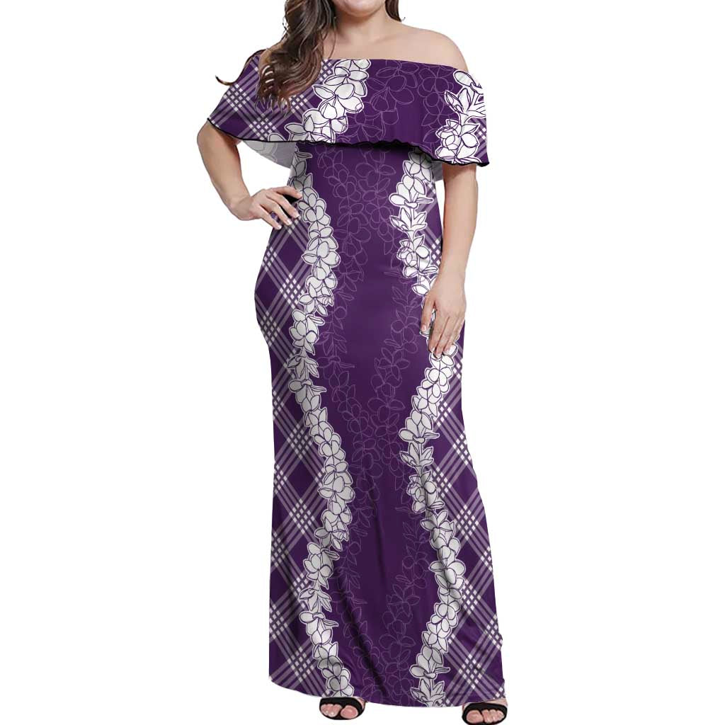 Hawaii Aloha Plumeria Lei Violet Palaka Off Shoulder Maxi Dress LT7 Women Violet - Polynesian Pride