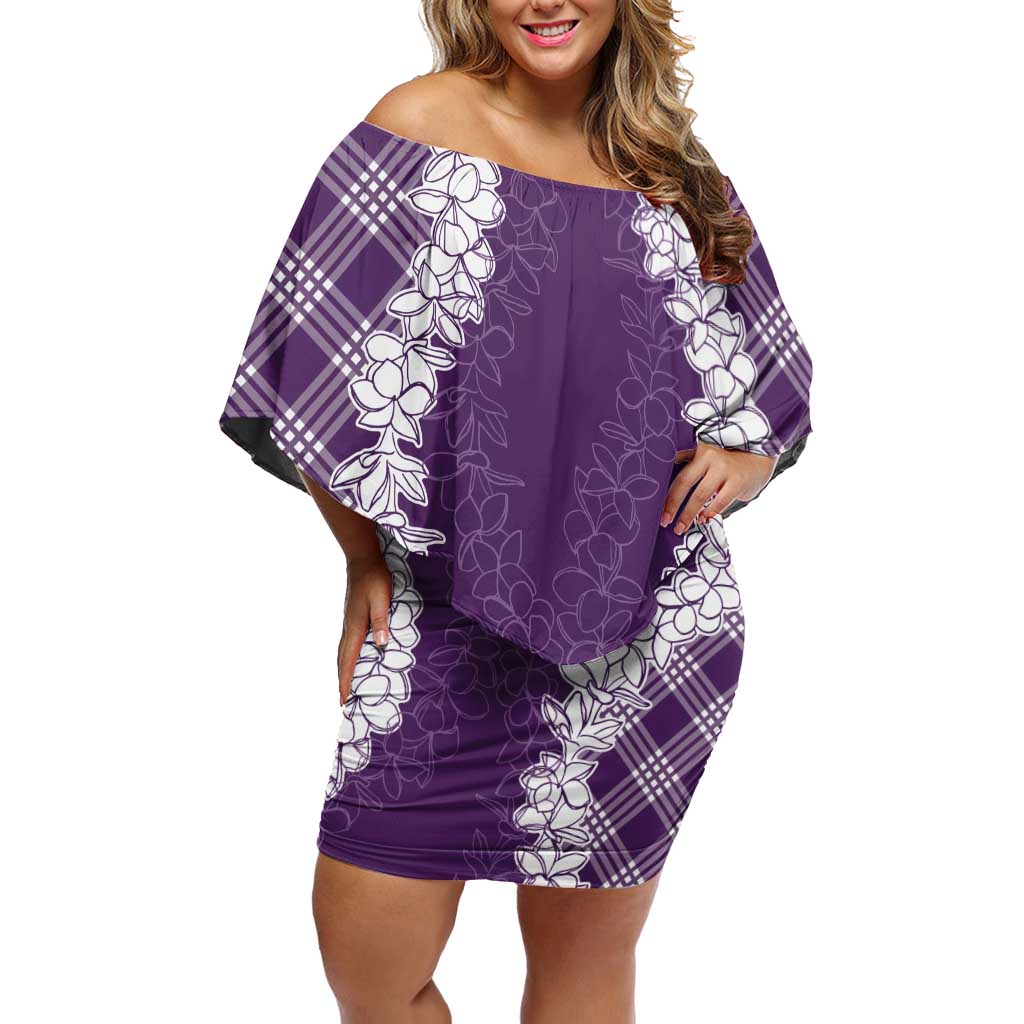 Hawaii Aloha Plumeria Lei Violet Palaka Off Shoulder Short Dress LT7 Women Violet - Polynesian Pride