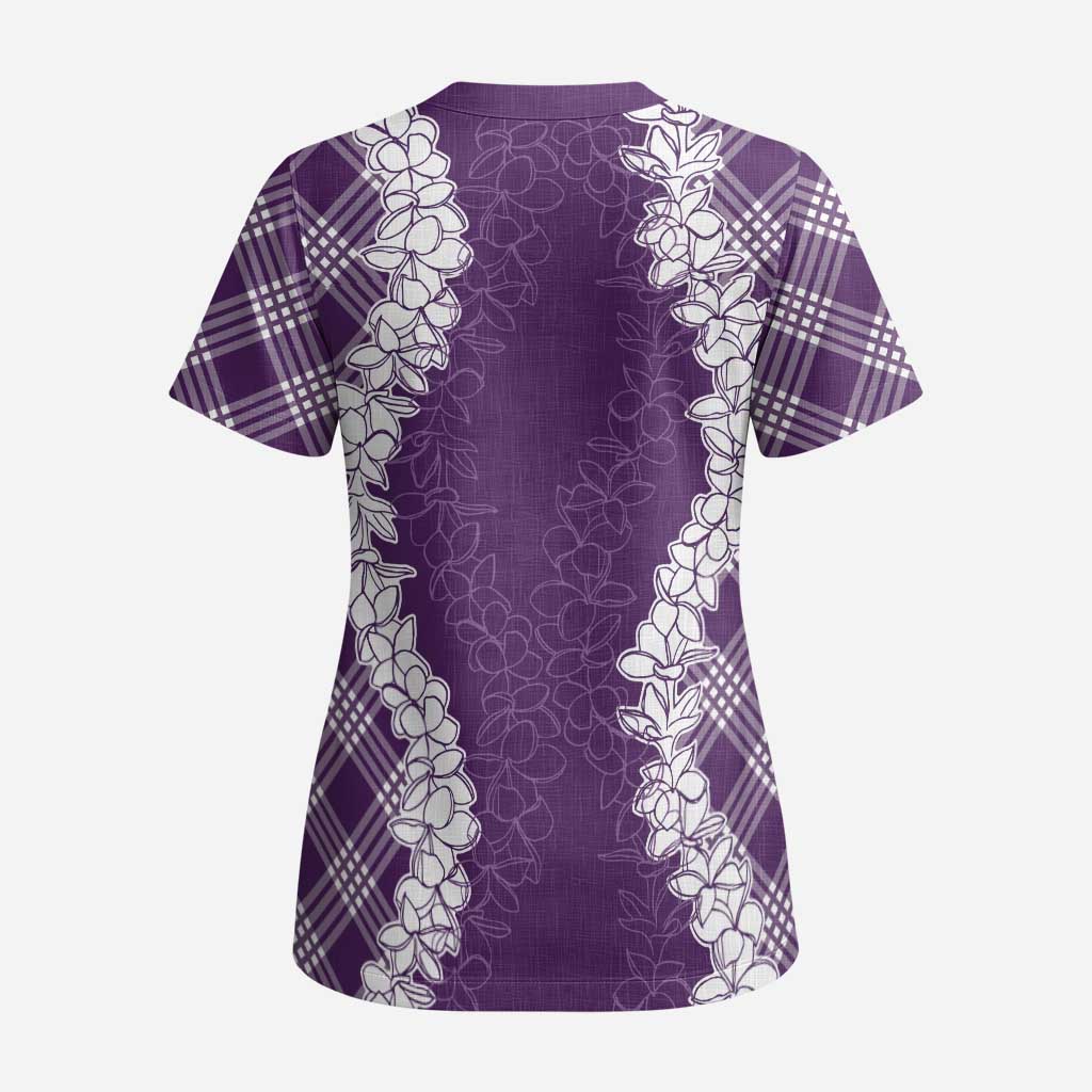 Hawaii Aloha Plumeria Lei Violet Palaka Scrub Top LT7 - Polynesian Pride